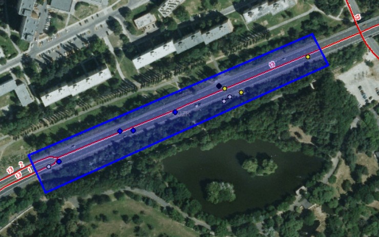 Silnice I/13 s vyznačenými nehodami. Zdroj:Alianz Silnice I/13 s vyznačenými nehodami. Zdroj:Alianz