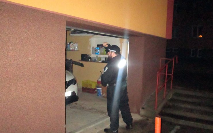 Městský policista nahlíží do otevřené garáže. Foto: MP Chomutov