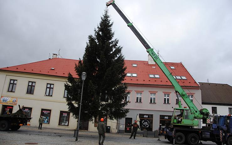 FOTO: Náměstí v Jirkově už zdobí vánoční strom. Jde o třináctimetrový smrk ztepilý