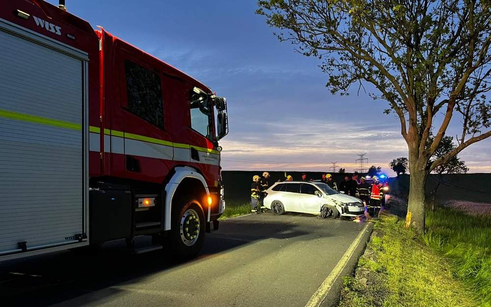 FOTO: U Malnic narazilo auto do stromu. Při nehodě se zranil jeden člověk