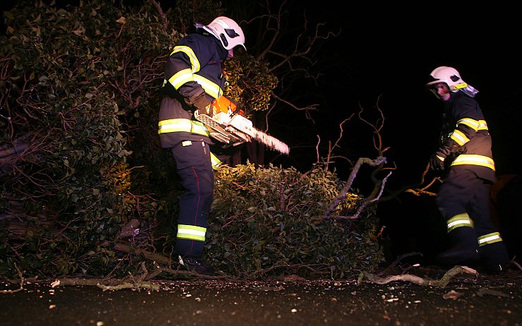 Hasiči rozřezávají spadlou větev. Foto: Michal Hrdlička / HZS Ústeckého kraje