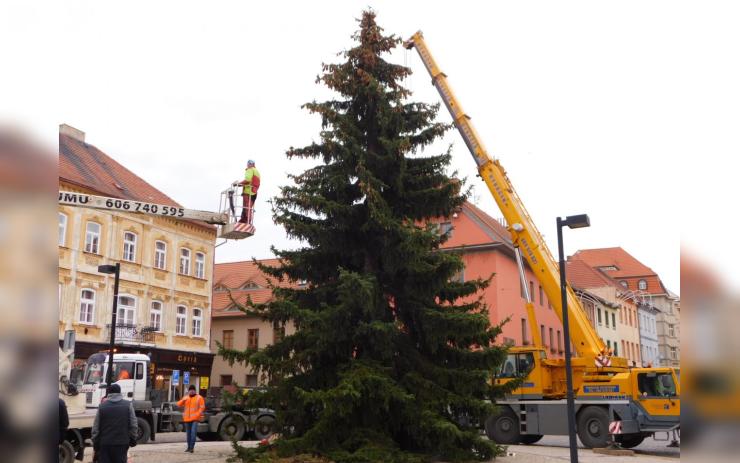 FOTO: Na náměstí Svobody už stojí vánoční strom. Patnáctimetrový smrk dorazil ze Soběchleb