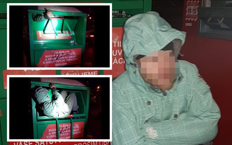 VIDEO: Bezdomovec našel trik, jak se sám vyklopit z kontejneru na oblečení