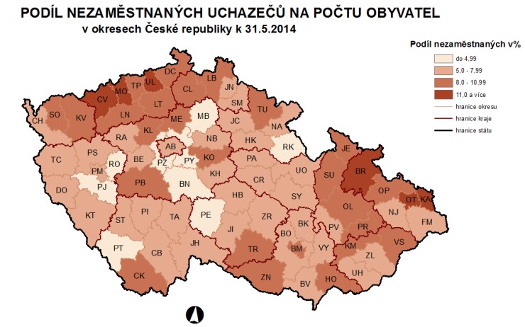 Mapa nezaměstnanosti v ČR podle okresů. Zdroj: Úřad práce ČR