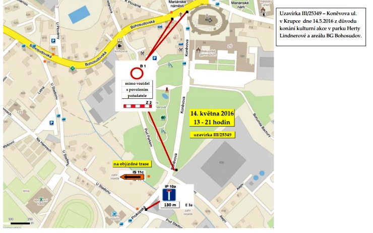 Mapka s vyznačenou uzavírkou ulice. Zdroj: město Krupka