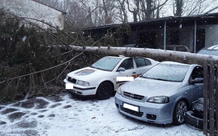 Nehody, popadané stromy, zapadlá vozidla zimní údržby: Hasiči měli plné ruce práce. V Krupce spadl strom na auta