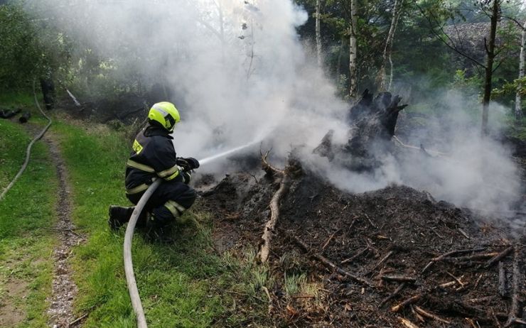 Hasiči vyjížděli k požáru u trati. Hořel lesní porost