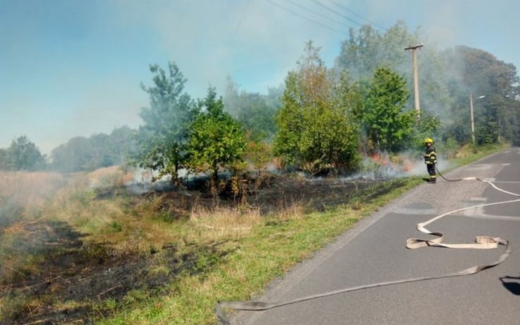 OBRAZEM: Spadlé dráty elektrického vedení zapříčinily požár travního porostu